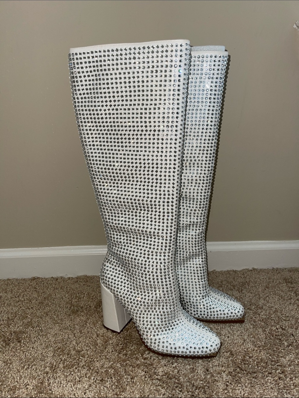 Jessica Simpson White Crystal-Studded Knee-High Block Heel Boots